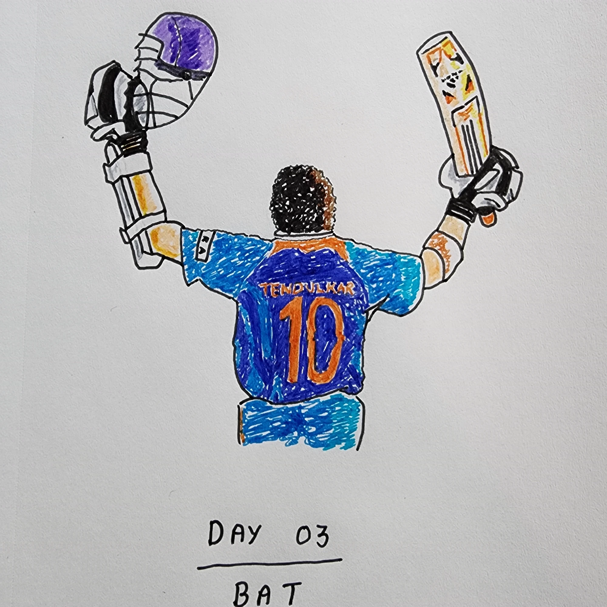 Drawing of cricketer Sachin Tendulkar seen from behind with his bat and helmet raised.